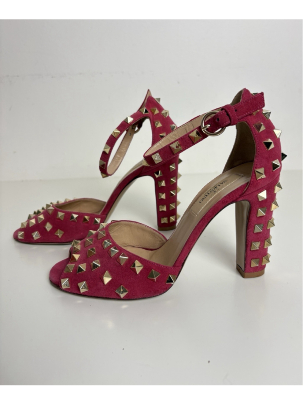 Valentino Garavani Rockstud Red Suede Ankle Strap Block Heel Sandals Pumps EU 36 - Picture 2 of 13